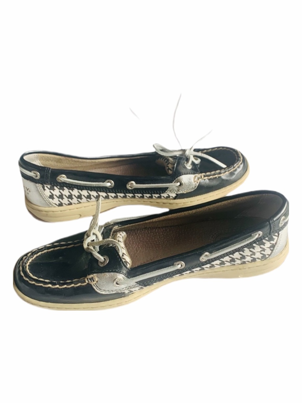 SPERRY Angelfish Boat Shoe Houndstooth Pattern Navy Blue Sz 8 Classic Preppy Y2K